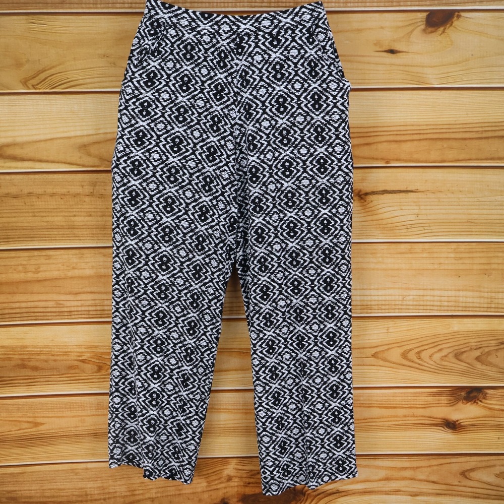 Falls Creek Pants Womens Sz L Black Geometric Stretch Elastic Waist Pockets Soft